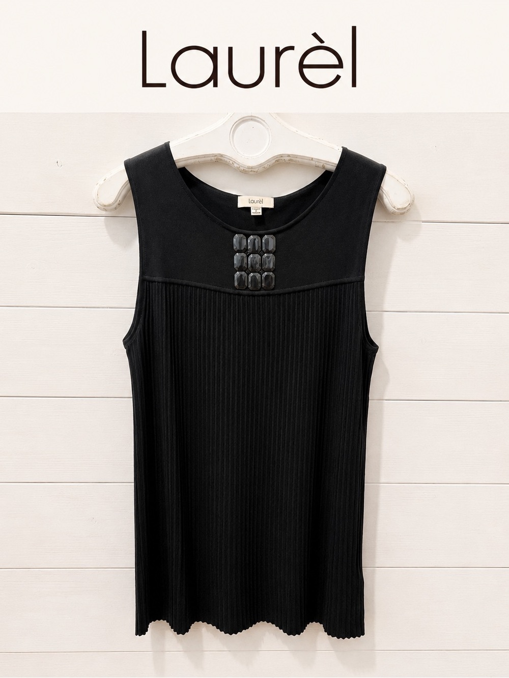 Laurel Black Silk Sleeveless Top with Beaded Detail – Size 40